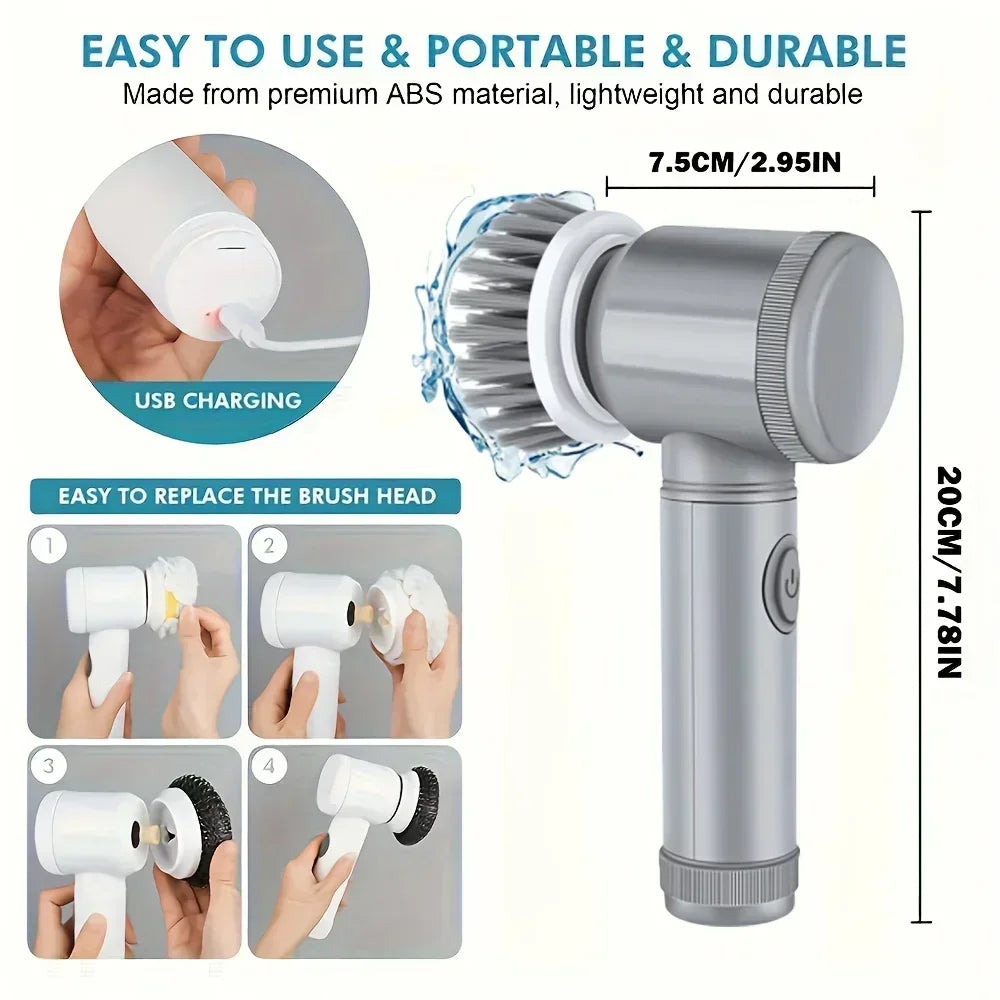 Laveur électrique à rotation, brosse de nettoyage sans fil pour salle de bain Laveur électrique avec 5 têtes de brosse remplaçables, brosse de nettoyage électrique