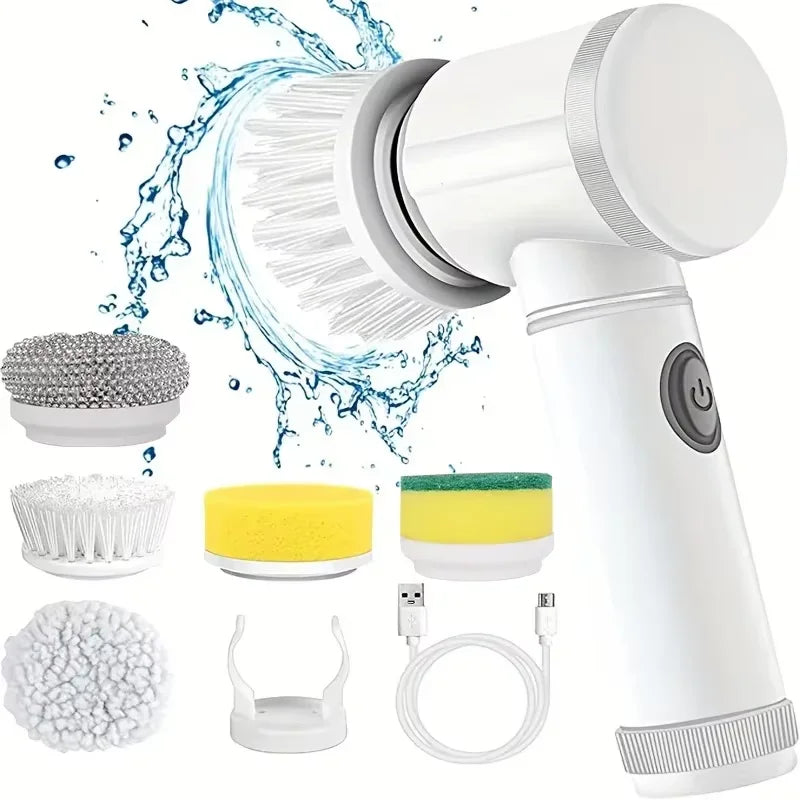 Laveur électrique à rotation, brosse de nettoyage sans fil pour salle de bain Laveur électrique avec 5 têtes de brosse remplaçables, brosse de nettoyage électrique