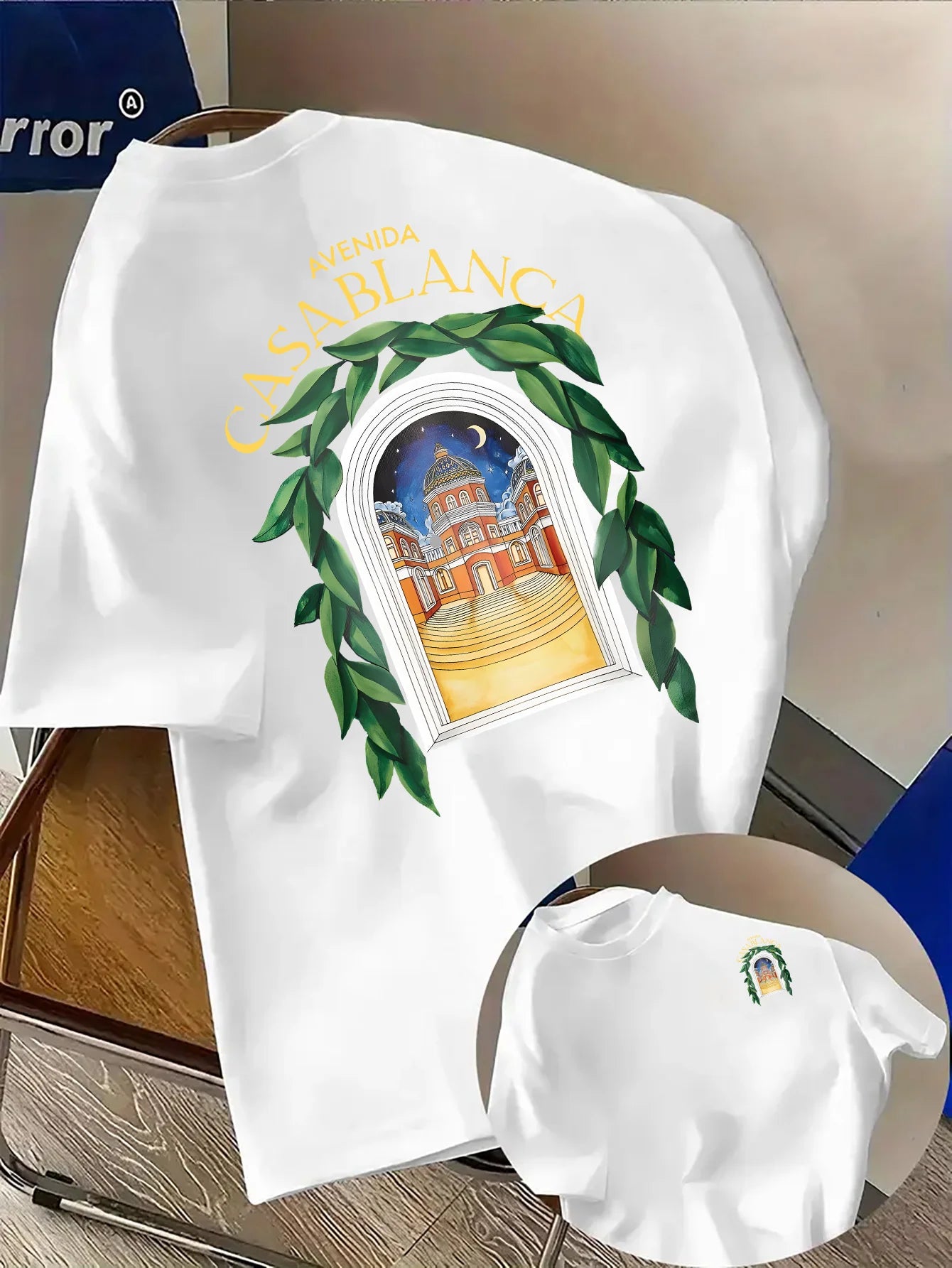 T-shirt élégant d'inspiration nord-africaine avec motif de paysage nocturne et feuilles vertes, 100% coton, T-shirt pour homme, streetwear d'été