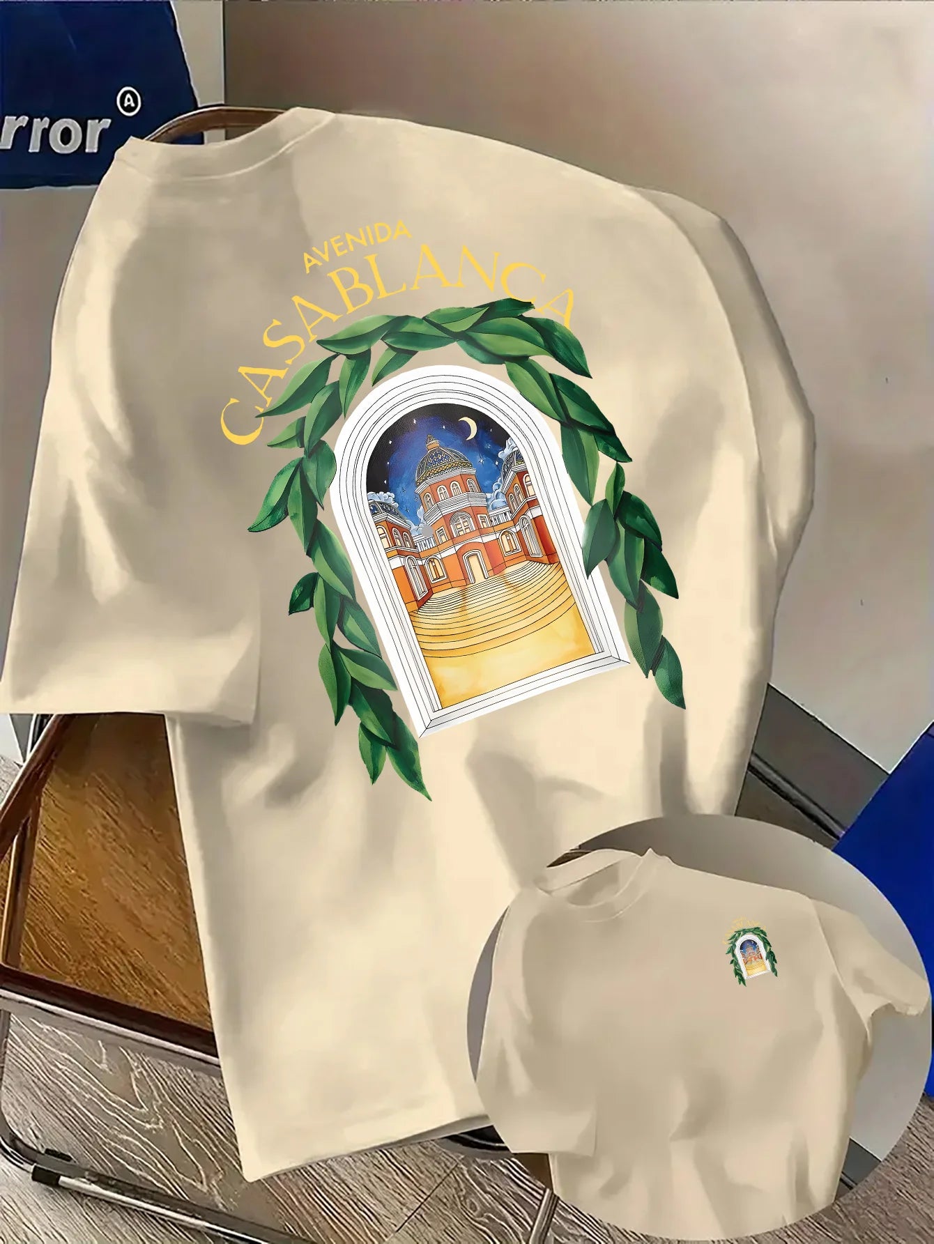 T-shirt élégant d'inspiration nord-africaine avec motif de paysage nocturne et feuilles vertes, 100% coton, T-shirt pour homme, streetwear d'été