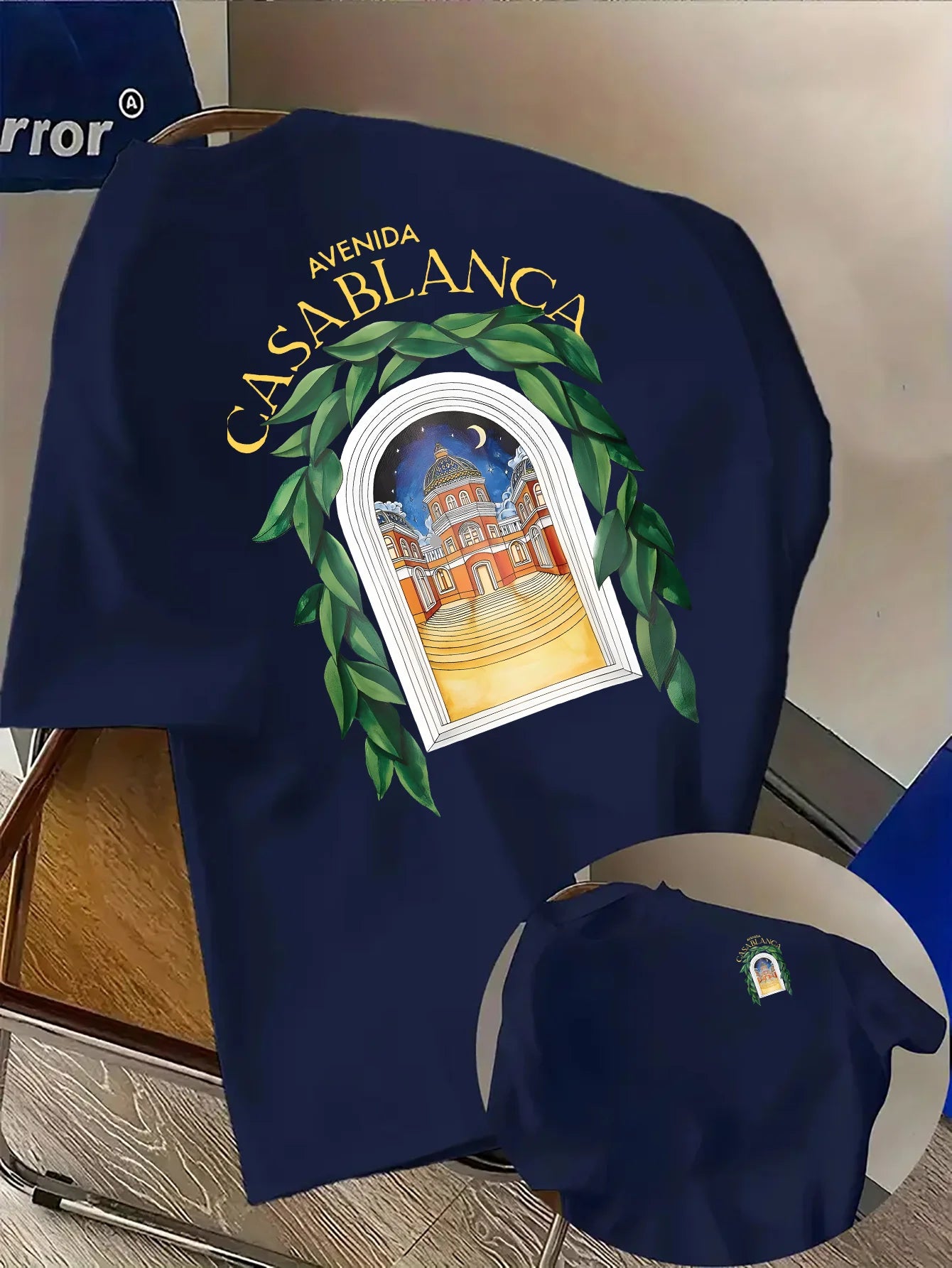 T-shirt élégant d'inspiration nord-africaine avec motif de paysage nocturne et feuilles vertes, 100% coton, T-shirt pour homme, streetwear d'été