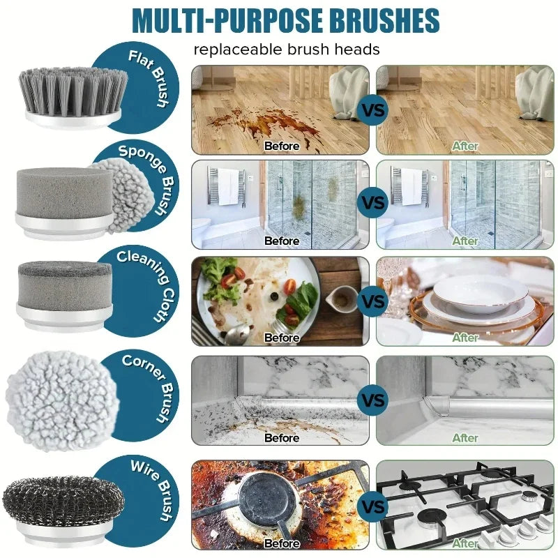 Laveur électrique à rotation, brosse de nettoyage sans fil pour salle de bain Laveur électrique avec 5 têtes de brosse remplaçables, brosse de nettoyage électrique