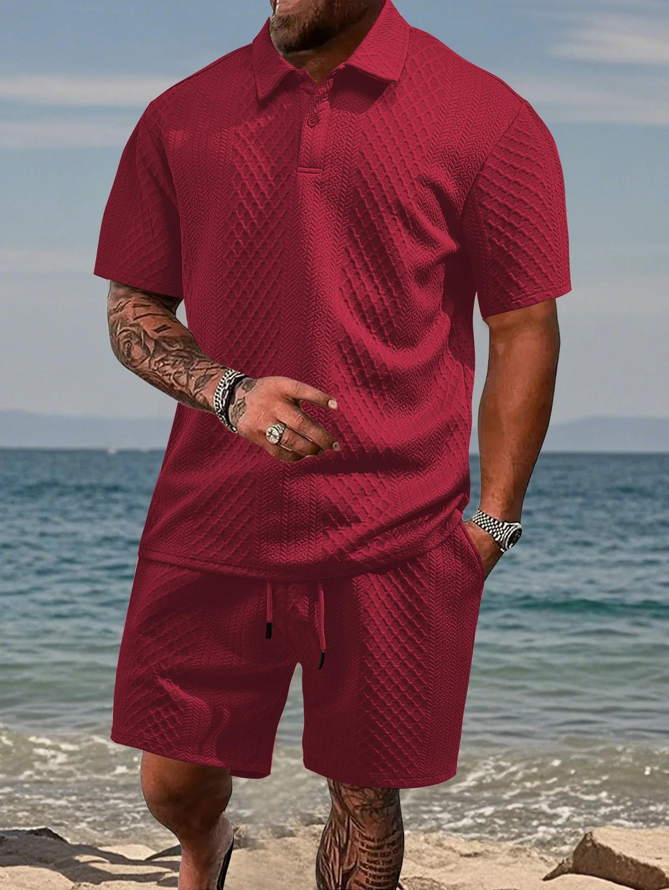 Polo de sport décontracté pour hommes, avec revers, chemise et Short à manches courtes, costume Texture Jacquard, nouvelle collection été 2025