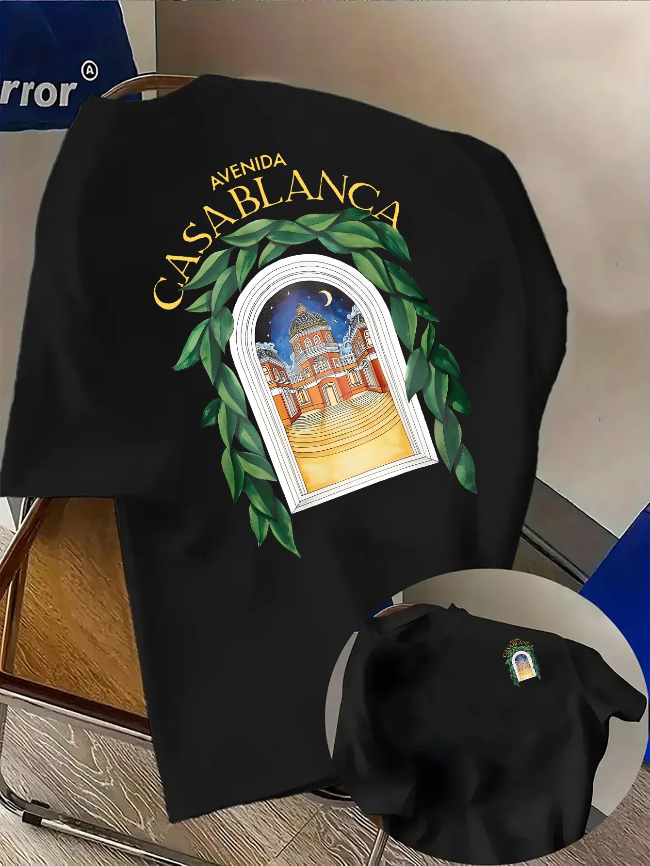 T-shirt élégant d'inspiration nord-africaine avec motif de paysage nocturne et feuilles vertes, 100% coton, T-shirt pour homme, streetwear d'été