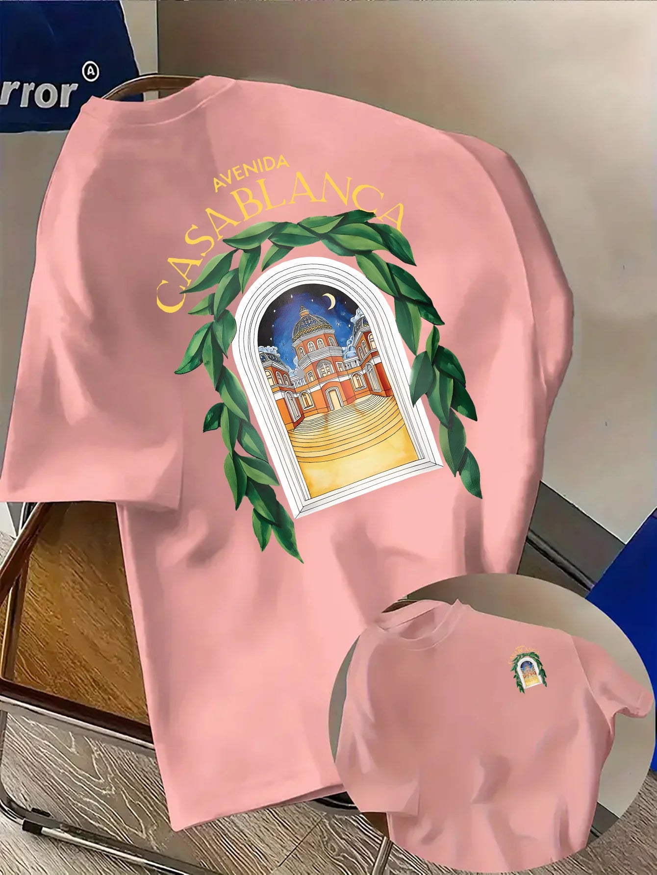 T-shirt élégant d'inspiration nord-africaine avec motif de paysage nocturne et feuilles vertes, 100% coton, T-shirt pour homme, streetwear d'été